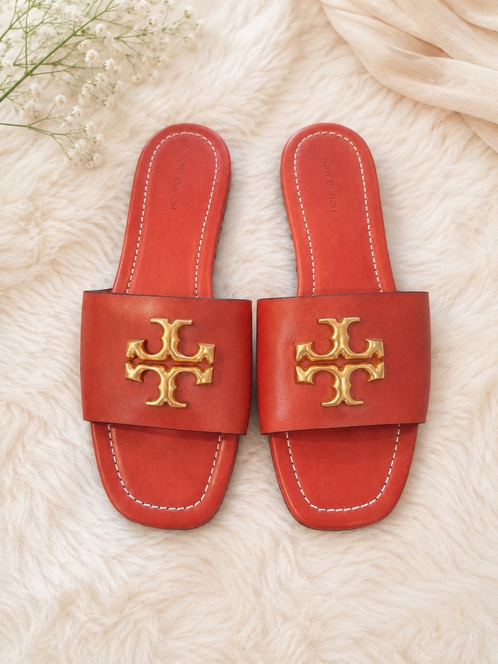 NEW Tory Burch Eleanor Leather Gold Logo Slide Sandals